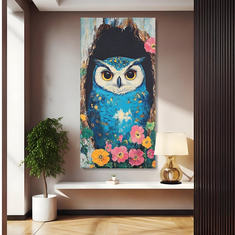 Tablou canvas cu tablou canvas cu bufnita albastra, fara rama, pe sasiu de lemn